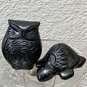 Vintage Black Ceramic Owl and Turtle Mini Figurine